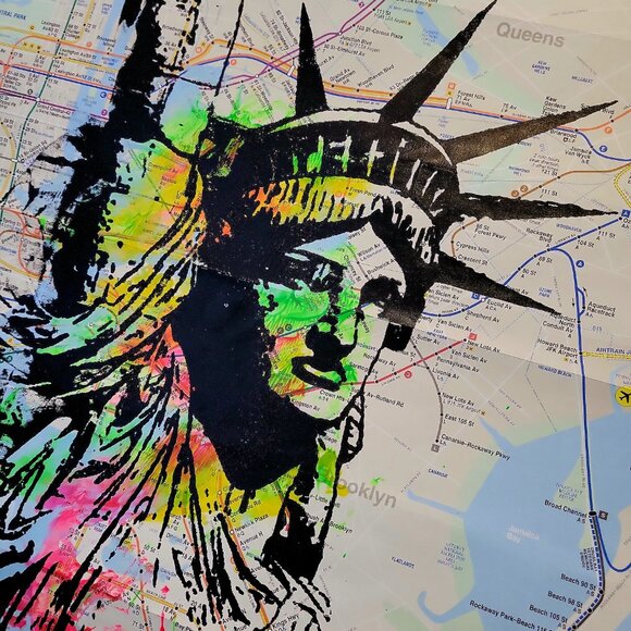 Handpainted Statue of Liberty Unique Acrylic Art painting on a NYC Subway map - Picture 5 of 6